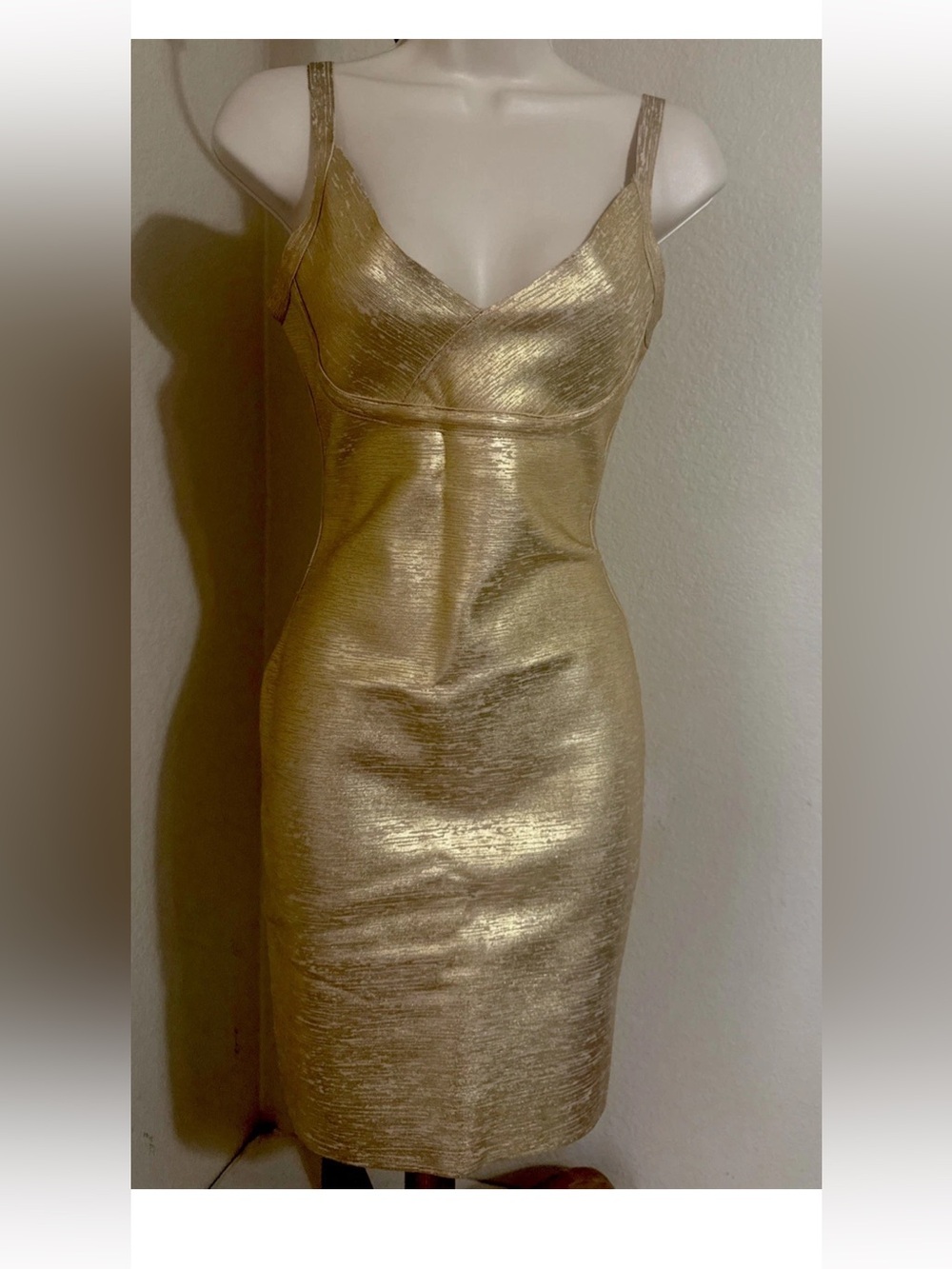 Gold Metallic Spaghetti Strap Bodycon Midi Dress — Shimmer Party Evening